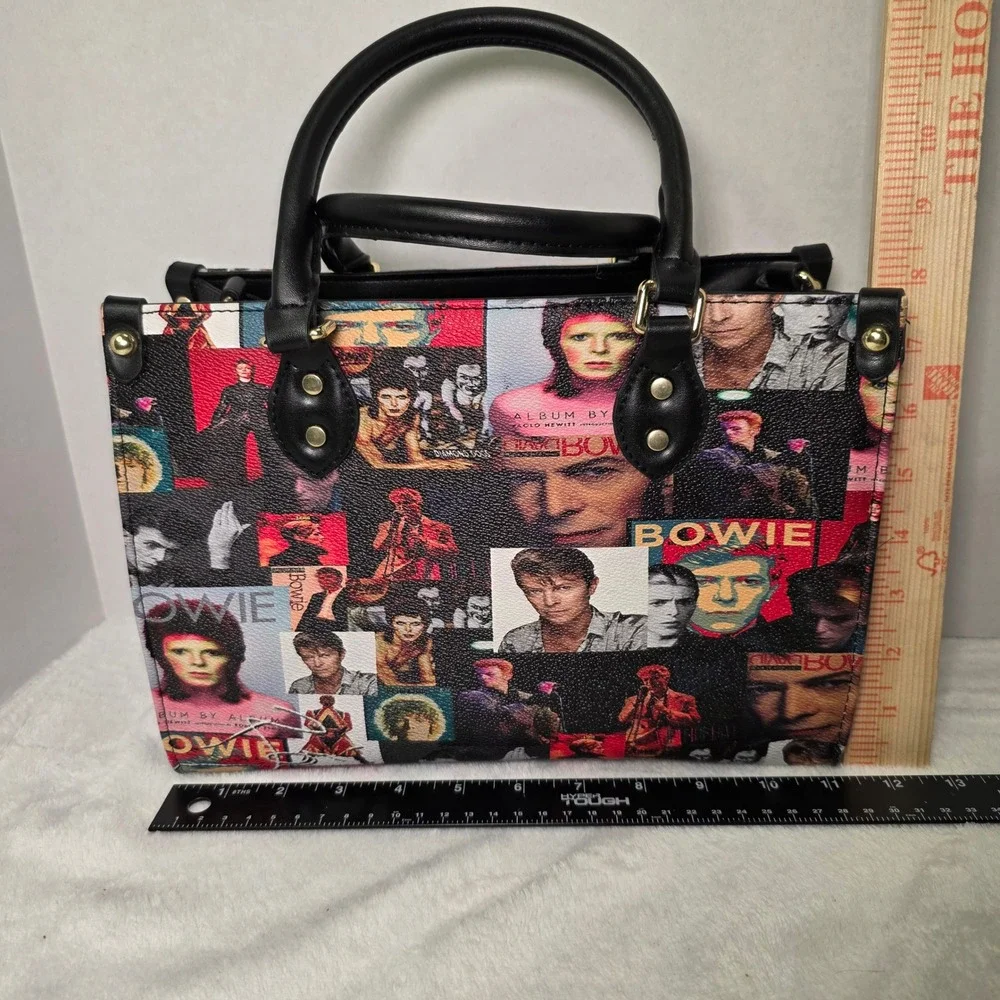 David Bowie Collage Print Satchel Bag Vegan Leather Music Icon Handbag Black